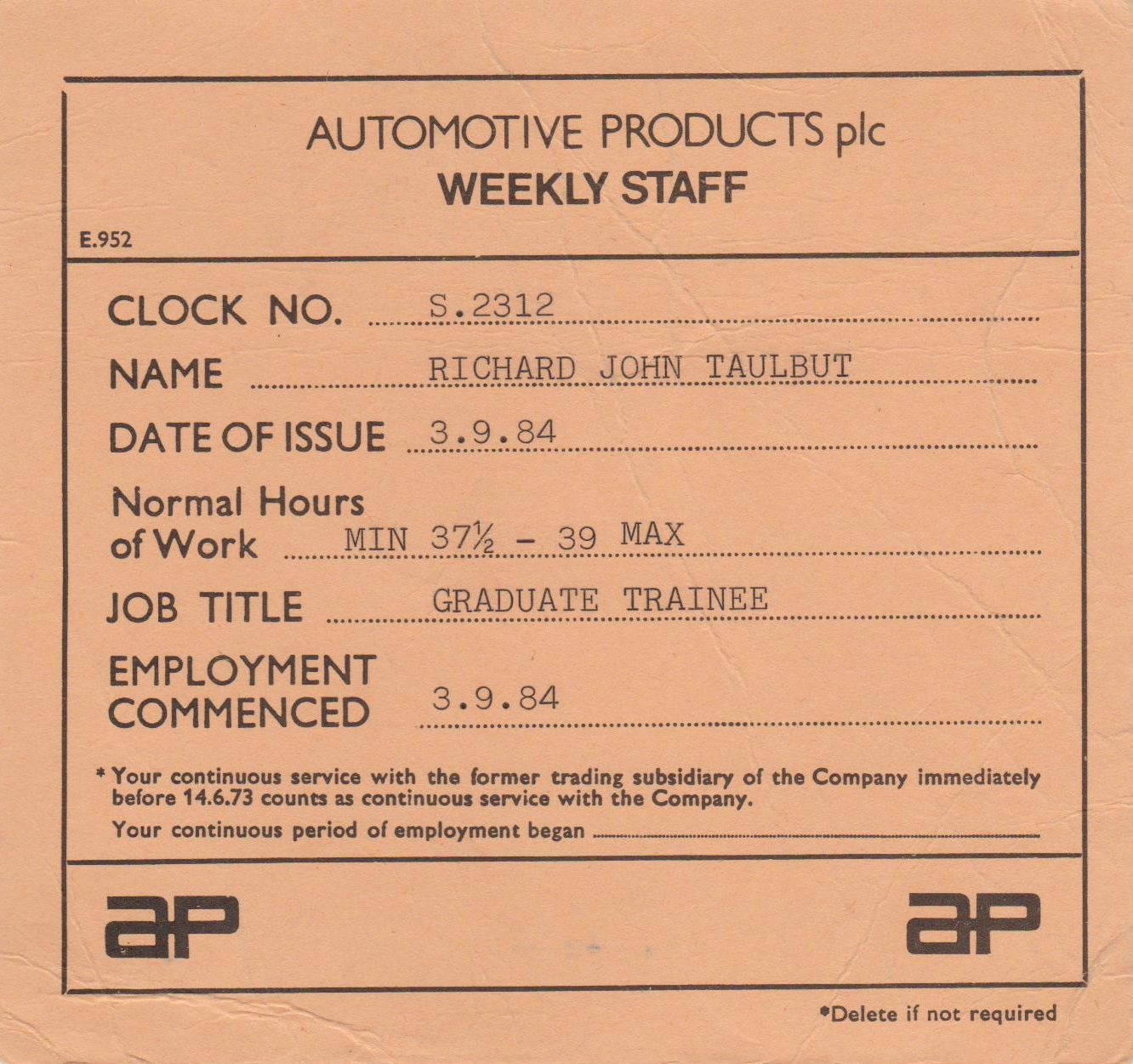 AP Graduate Trainee 1984 Weekly Staff Card